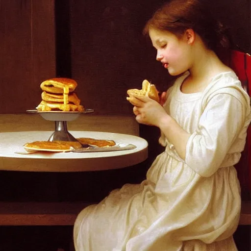 Image similar to an oil painting of an angel inside McDonald's eating pancakes, by Bouguereau, highly realistic and intricate