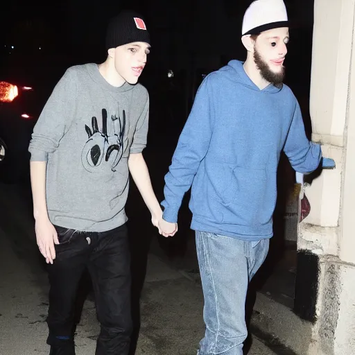 Image similar to paparazzi footage of pete davidson holding hands with the babadook