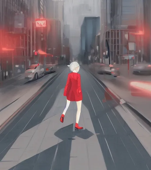 Prompt: a girl in a business is walking in the middle of the street, she has a red necktie and grey hair, digital painting, art by tran ross, anime art, artstation, hd, smooth