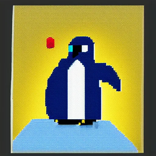 Prompt: pixel art of a penguin climbing a mountain. backlit with blue light at midnight