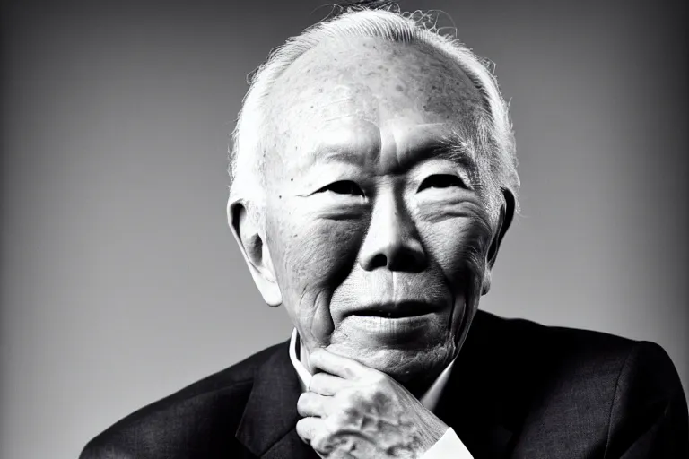 Image similar to black and white portrait photo of lee kuan yew, slight smile, natural light, low contrast, photo by Peter Lindbergh, 8K