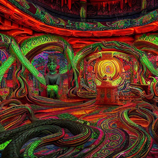 Image similar to Photorealistic inside a temple made of snakes. Hyperdetailed photorealism, 108 megapixels, amazing depth, glowing rich colors, powerful imagery, psychedelic Overtones