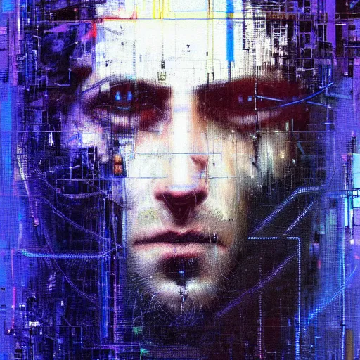 Prompt: hyperrealistic portrait of a cyberpunk man, long hair, by Guy Denning, Johannes Itten, Russ Mills, glitch art, complex, hacking effects, glitch effects, looking straight, digital tech effects, cybernetics, detailed lines, chromatic, color blocking!, oil on canvas, highly detailed, symmetrical eyes, symmetrical, octane, concept art, abstract, blue and black, 8k, cinematic, trending on artstation