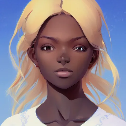 Image similar to portrait of a dark skinned angel with blonde hair, highly detailed, digital painting, artstation, matte, by makoto shinkai, animation style, studio ghibli, anime key visual