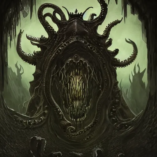 Prompt: King of the Fathomhold, lovecraftian, monster, D&D art, concept art, 8k, dark, gothic, crumbling