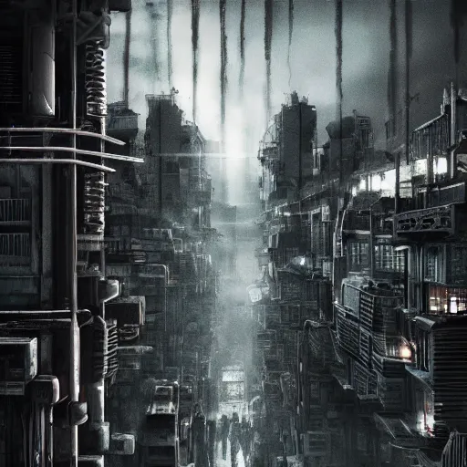 Image similar to dystopian city in the style of dr woo, thing line, single needle, monochromatic, 8 k