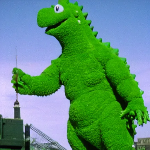 Prompt: Green Godzilla on Barney and Friends