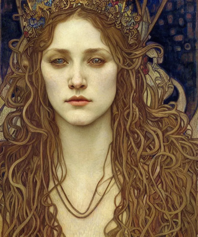Image similar to detailed realistic beautiful young medieval queen face portrait by jean delville, alphonse mucha, vincent van gogh, and marco mazzoni, art nouveau, symbolist, visionary, gothic, pre - raphaelite