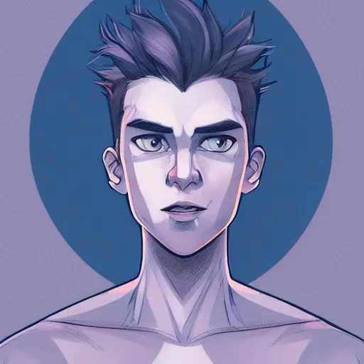 Prompt: portrait of a feminine young man with short white hair, bedhead, and blue eyes, wearing a gray t shirt, muscular arms, dramatic lighting, illustration by Rossdraws, professional portfolio, 4k, digital art, concept art, trending on artstation