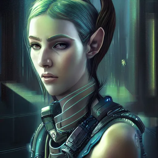 Image similar to portrait of an elf in a cyberpunk style, digital art, highly-detailed artstation cgsociety masterpiece