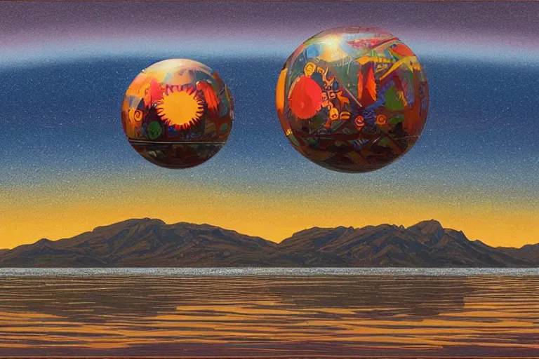 Image similar to a giant ((((metallic)))) floating sphere covered in canadian colorful aboriginal patterns!! hovering above a Yukon lake, (painted by Ralph McQuarrie), matte painting, very detailed, concept art