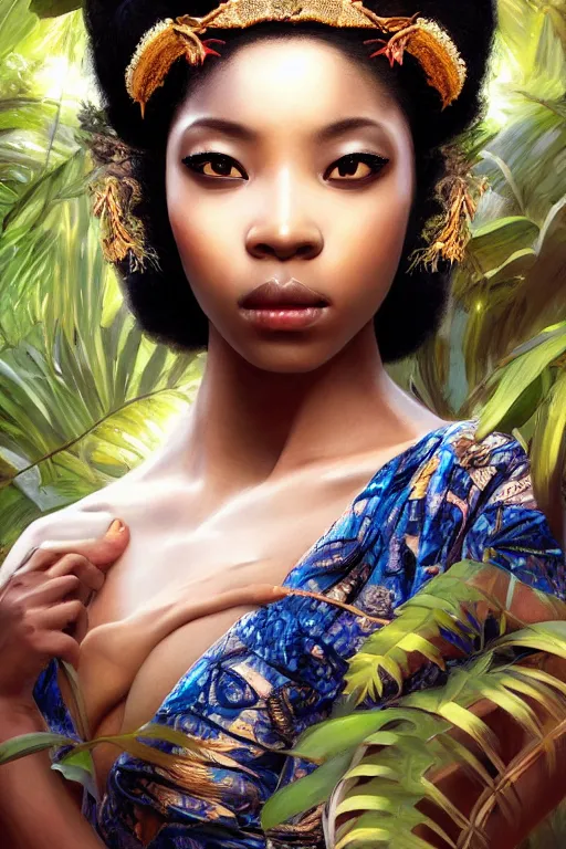 Prompt: stunningly beautiful, nubian geisha prima ballerina in jungle, symmetrical face, golden hour, smooth, focus, highly detailed, hyper realistic, dramatic lighting, elegant, intricate, concept art, art by wlop, mars ravelo, greg rutowski, artstation