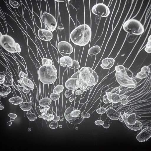 Image similar to bioluminiscent jellyfishes, award winning black and white photography