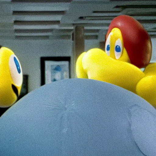 Image similar to Movie still of Ryan Gosling as Pacman, big yellow head, open mouth