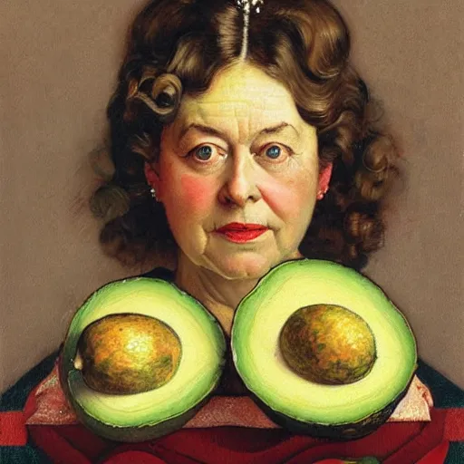 Image similar to Frontal portrait of the queen of avocados. A painting by Norman Rockwell.