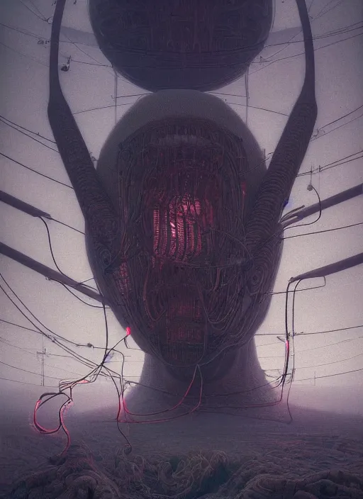 Image similar to Portrait of a behemoth, neon, they are watching, RGB, glowing wires everywhere, pristine, by Edgar Maxence and Ross Tran, Zdzisław Beksiński, and Michael Whelan, distant, gustav dore, H.R. Giger, 8k, octane render