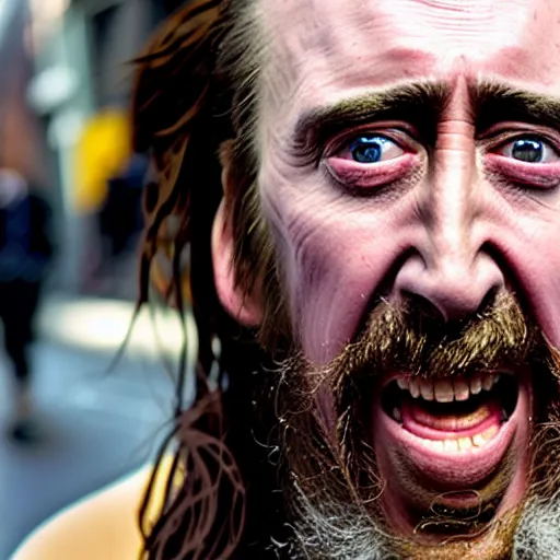 Image similar to uhd candid photo of dirty, homeless nicholas cage ranting maniacally in the street. skid row. correct face, accurate face, exaggerated features, intricate details, hyperdetailed, accurate face, studio lighting, photorealistic. photo by annie leibowitz