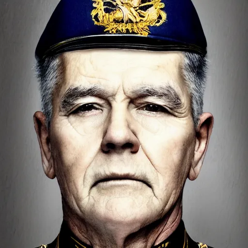 Image similar to a masterpiece portrait photo of an older man in a military uniform full of distinctions, mary elizabeth winstead symmetrical face