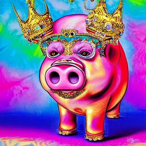 Image similar to lisa frank flexing pig wearing a gold crown painting by android jones