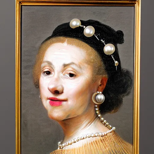 Prompt: a headshot of a woman wearing pearls, in the style of rembrandt