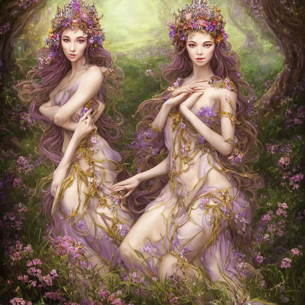 Image similar to A beautiful fantasy empress, highly detailed full body, just one person, breathtaking flower tiara, long hair, gorgeous aristocrat robe, beautiful figure, field of fantasy flowers and leaves, foxes and deer, epic composition, ultra wide-shot, dynamic pose, concept art, beautifully lit from left side, digital painting, smooth, character design, ((sharp focus)), elegant, intricate, artstation, by WLOP and James Jean and Victo Ngai