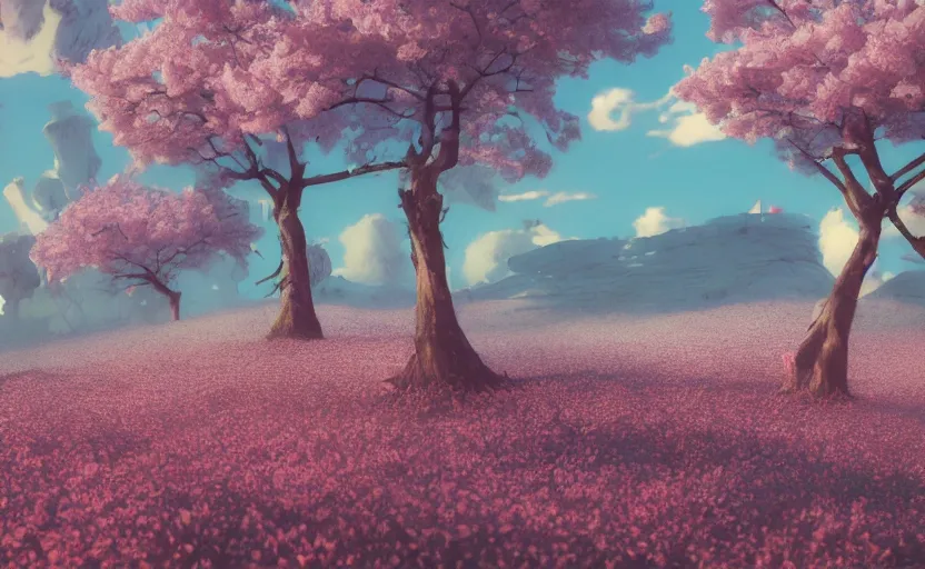 Image similar to cherry blossoms in the hills, Low level, rendered by Beeple, Makoto Shinkai, syd meade, simon stålenhag, synthwave style, digital art, unreal engine, WLOP, trending on artstation, 4K UHD image, octane render,