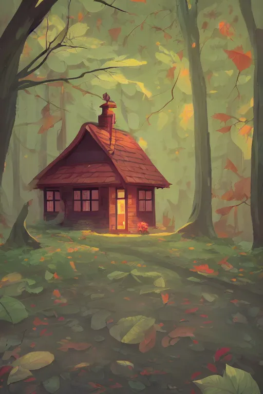 Prompt: the small house in the forest, dark night, leaves in the air, mushrooms, animals, gibli, james gilleard, atey ghailan, lois van baarle, jesper ejsing, pop art patterns, exquisite lighting, clear focus, very coherent, plain background, very detailed, vibrant, digital painting