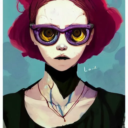 Image similar to Highly detailed portrait of a punk zombie young lady with freckles and shades and blonde wavy hair by Atey Ghailan, by Loish, by Bryan Lee O'Malley, by Cliff Chiang, by Goro Fujita, by Greg Tocchini, inspired by ((image comics)), inspired by nier:automata, inspired by graphic novel cover art !!!cyan, brown, black, yellow and white color scheme ((grafitti tag brick wall background))