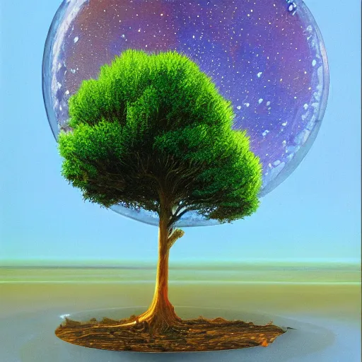 Prompt: a tree growing from a round crystal formation floating in space, by vincent di fate