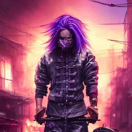 Prompt: portrait painting of a street samurai with long purple hair riding a motorcycle through a burning cyberpunk slum, glitchwave, ultra realistic, concept art, intricate details, eerie, highly detailed, photorealistic, octane render, 8 k, unreal engine. art by artgerm and greg rutkowski