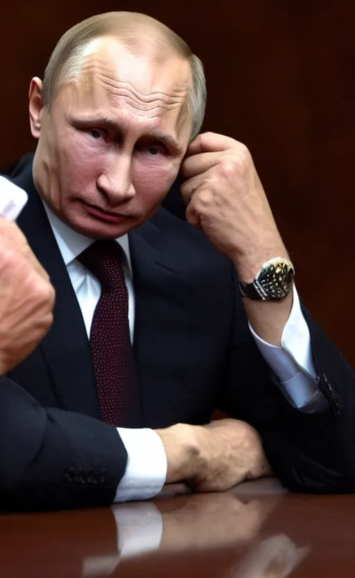 Prompt: high quality photo of vladimir putin looking pathetic, old, ugly, and angry