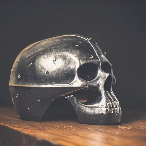 Prompt: high quality photo of skull shaped knight helmet, photography 4k, f1.8 anamorphic, bokeh, 4k, Canon, Nikon