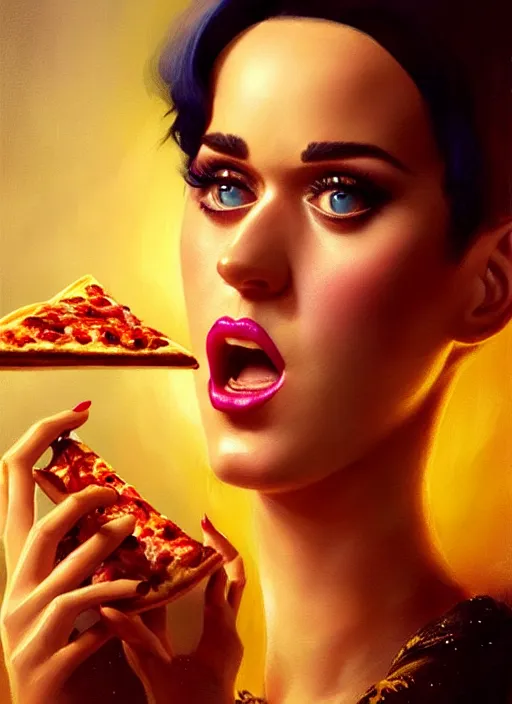 Image similar to portrait of katy perry eating pizza, intricate, elegant, glowing lights, highly detailed, digital painting, artstation, concept art, smooth, sharp focus, illustration, art by wlop, mars ravelo and greg rutkowski