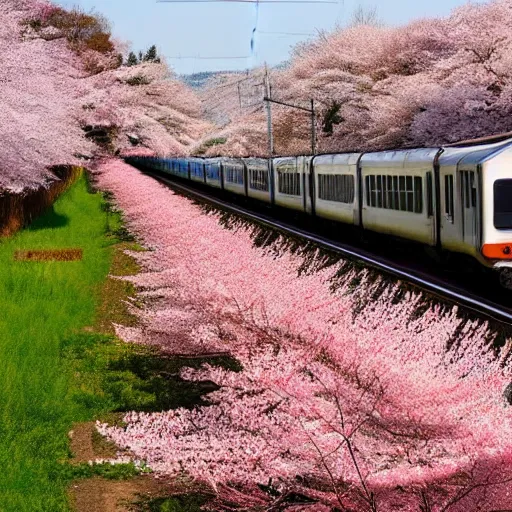 Image similar to photo of a Japanese train in the countryside, cherry blossom trees blooming, golden ratio, beautiful, happy,