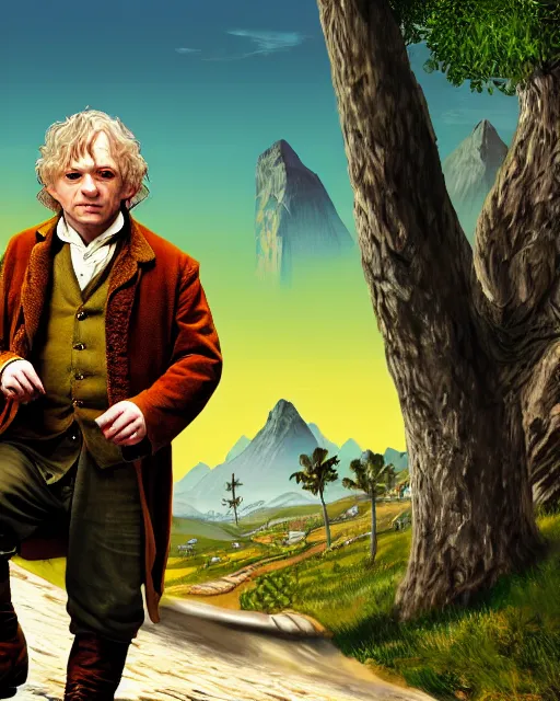 Image similar to Bilbo Baggins from Lord of the rings in GTA V loading screen, GTA V Cover art by Stephen Bliss, boxart, loading screen,