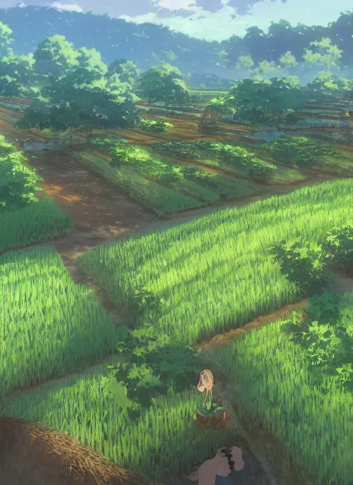 Prompt: beautiful farm with crops in neat rows by makoto shinkai