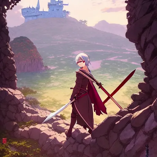 Image similar to the knight and the sword of rose petal, anime, castle core, mountains, rocky roads. by hayao miyazaki and rossdraws and artgerm and greg rutkowski and alphonse mucha and studio ghibli and ilya kuvshinov. high quality, stunning, intricate detailed environment. 8 k