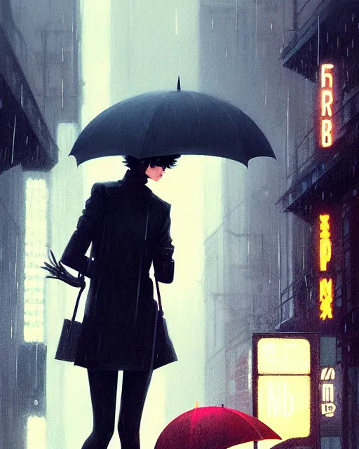 Image similar to blade runner, hyper - realistic portrait of a girl with umbrella, real street, rain, cinematic, by atey ghailan, by greg rutkowski, by greg tocchini, by james gilleard, by joe fenton, by kaethe butcher, 8 k, very intricate, 8 0's, night