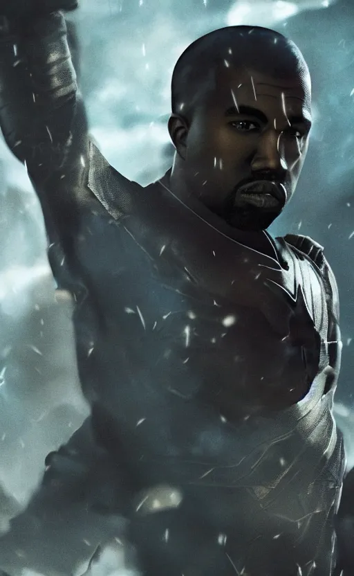 Image similar to Portrait of Kanye West as ((Captain America)) in Skyrim, splash art, movie still, cinematic lighting, dramatic, octane render, long lens, shallow depth of field, bokeh, anamorphic lens flare, 8k, hyper detailed, 35mm film grain