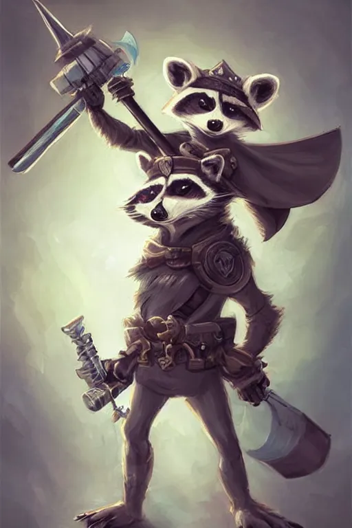 Image similar to cute anthropomorphic Raccoon knight wearing a cape and a crown and holding a sniper, tiny, small, short, pale blue armor, cute and adorable, pretty, beautiful, DnD character art portrait, matte fantasy painting, DeviantArt Artstation, by Jason Felix by Steve Argyle by Tyler Jacobson by Peter Mohrbacher, cinematic lighting