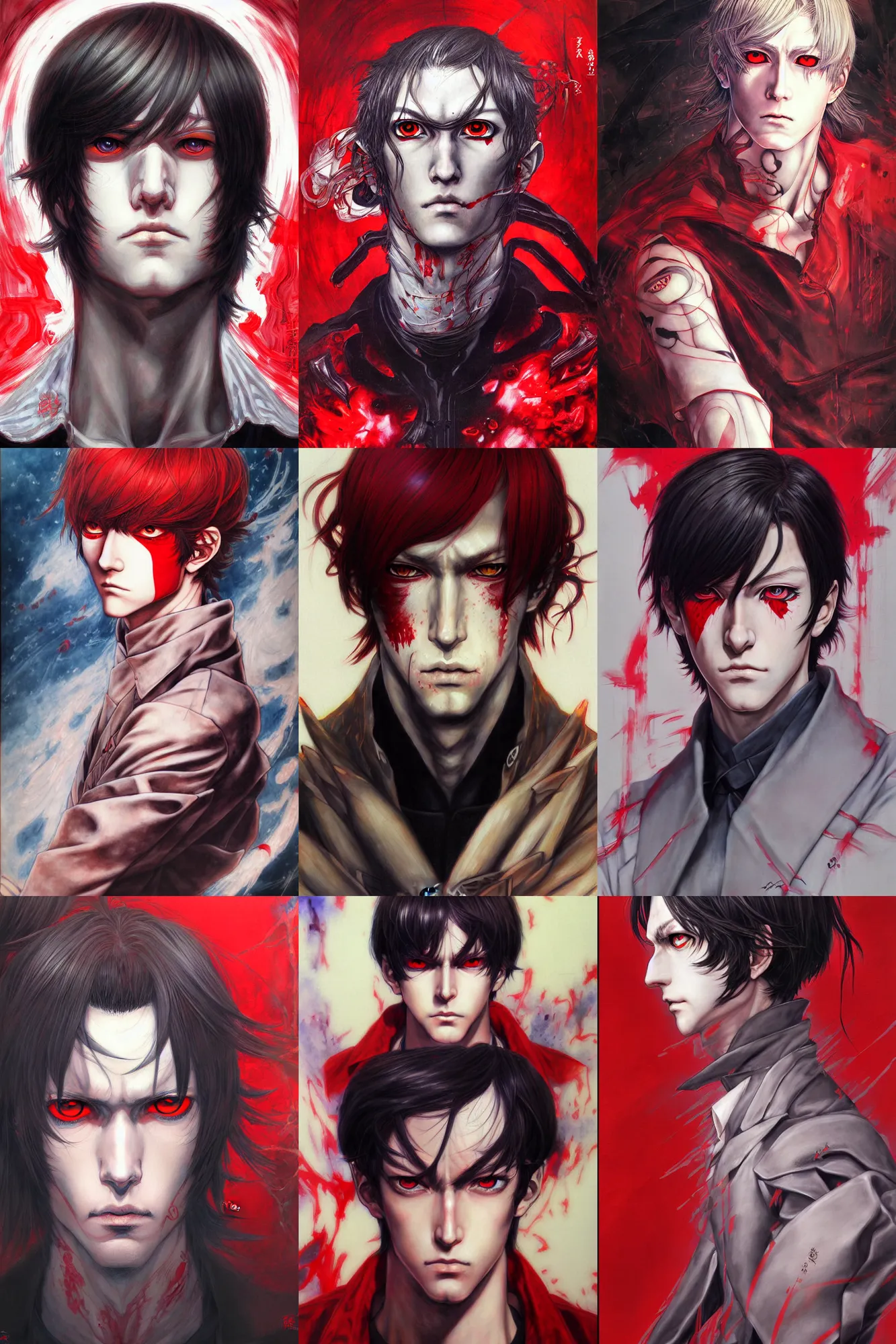 Prompt: a painting of a man with red eyes, a character portrait by Ayami Kojima, featured on deviantart, ilya kuvshinov, official art