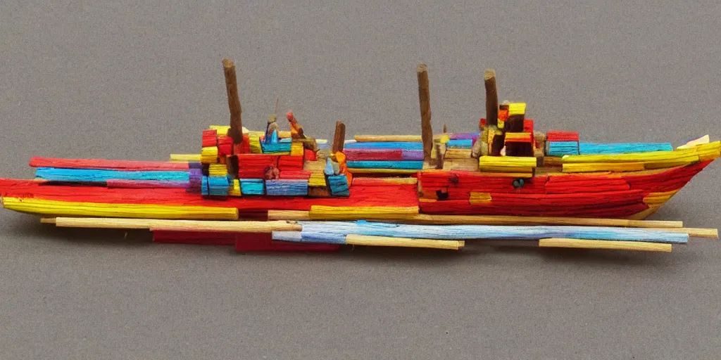 Image similar to a boat made of match sticks, 4k, 35mm