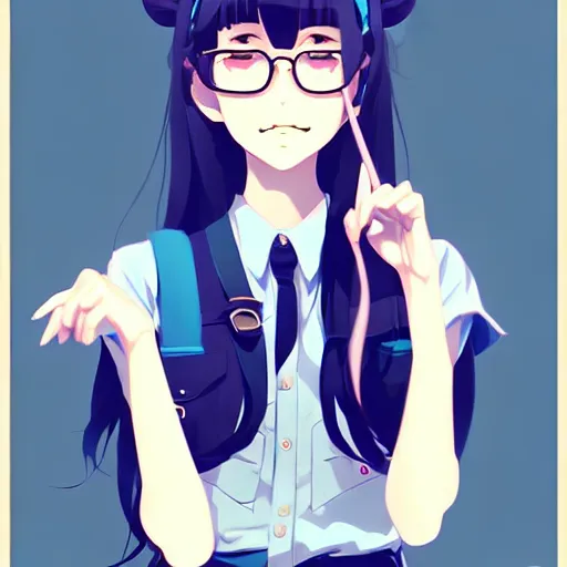 Image similar to urban school girl in shirt fanart, dark blue long hair, muted colors, matte print, pastel colors, ornate, digital art, cute smile, digital painting, fan art, elegant, pixiv, by Ilya Kuvshinov, by Studio Ghibli