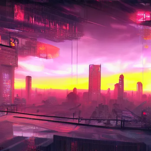 Image similar to beautiful sunrise in dreamscape cyberpunk arstation