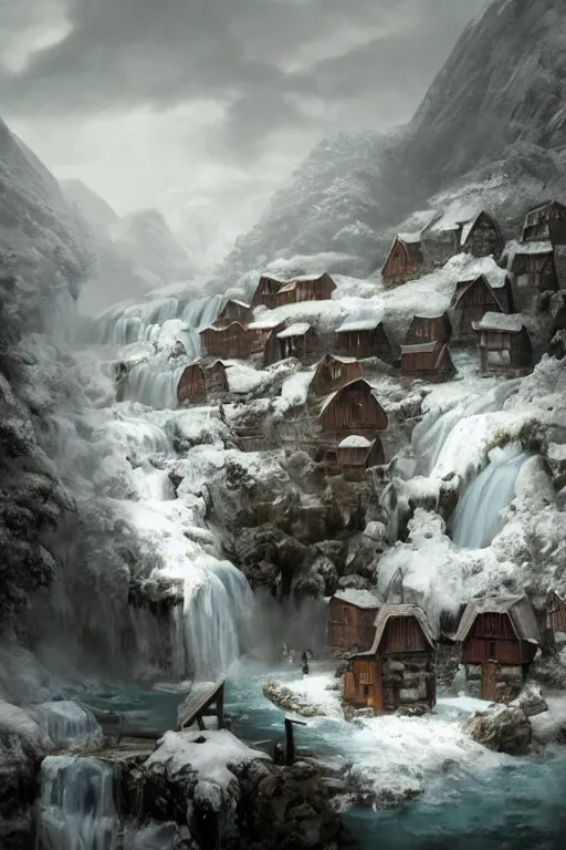 Image similar to mountain village with wooden viking houses on top of a waterfall in the snow, blizzard, a small stream runs beneath the waterfall, iceicles, landscape, raphael lacoste, eddie mendoza, alex ross, concept art, matte painting, highly detailed, rule of thirds, dynamic lighting, cinematic, detailed, denoised, centerd