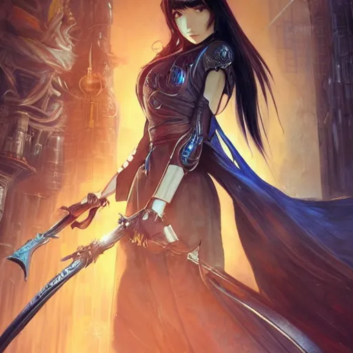 Image similar to portrait of a woman, long black hair, holding sword, in front of a sci fi cityscape, by tetsuya nomura, makoto shinkai, alphonse mucha, detailed, cinematic, wide angle, dark sepia toned shading, luminescent eyes, detailed face, expressive eyes, blue fire everywhere, trending on artstation.