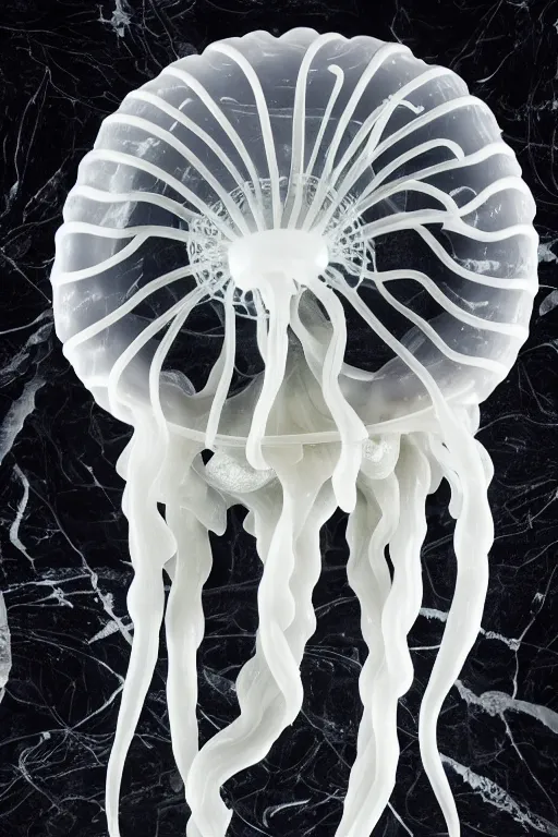 Image similar to a beautifully carved intricate marble statue of a jellyfish, black background, product photography