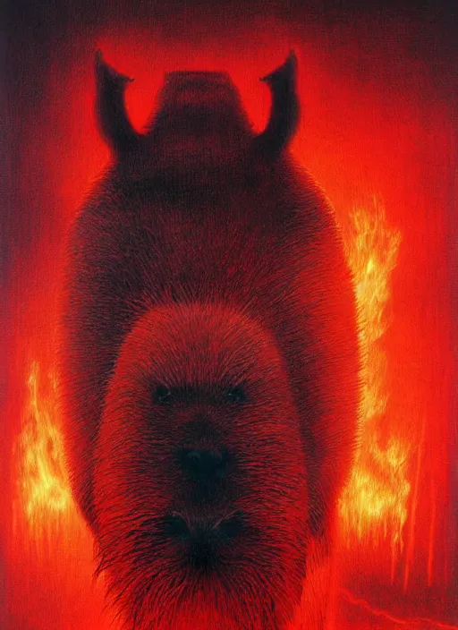 Image similar to a side view of spirit of chthonic demonic capybara with red eyes, on background red lake on fire, highly detailed, art by Ayami Kojima, Beksinski, Giger