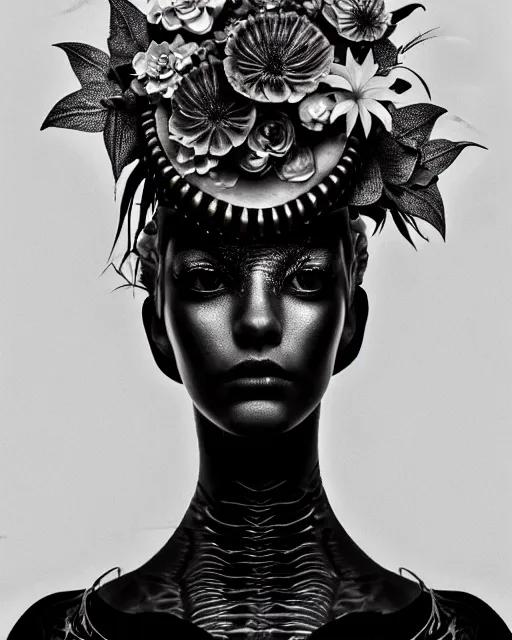 Image similar to a black and white high quality dreamy photo of a young beautiful female queen-pale dragon-vegetal-many big steampunk flowers-cyborg bust with a very long neck, elegant, highly detailed, poetic, soft, dreamy, mysterious, high fashion, rim light, in the style of Diane Arbus, Realistic, Refined, Digital Art, Highly Detailed, Cinematic Lighting, rim light, black and white, photo-realistic, 8K