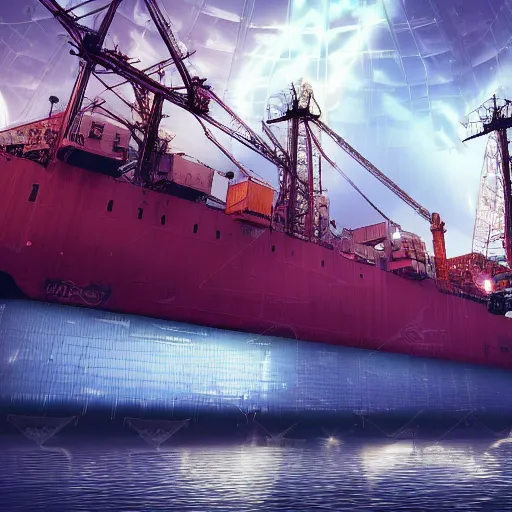 Image similar to photo of Immense industrial futuristic cargo ship arrives at cyber punk city sea port, cinematic lighting, photo